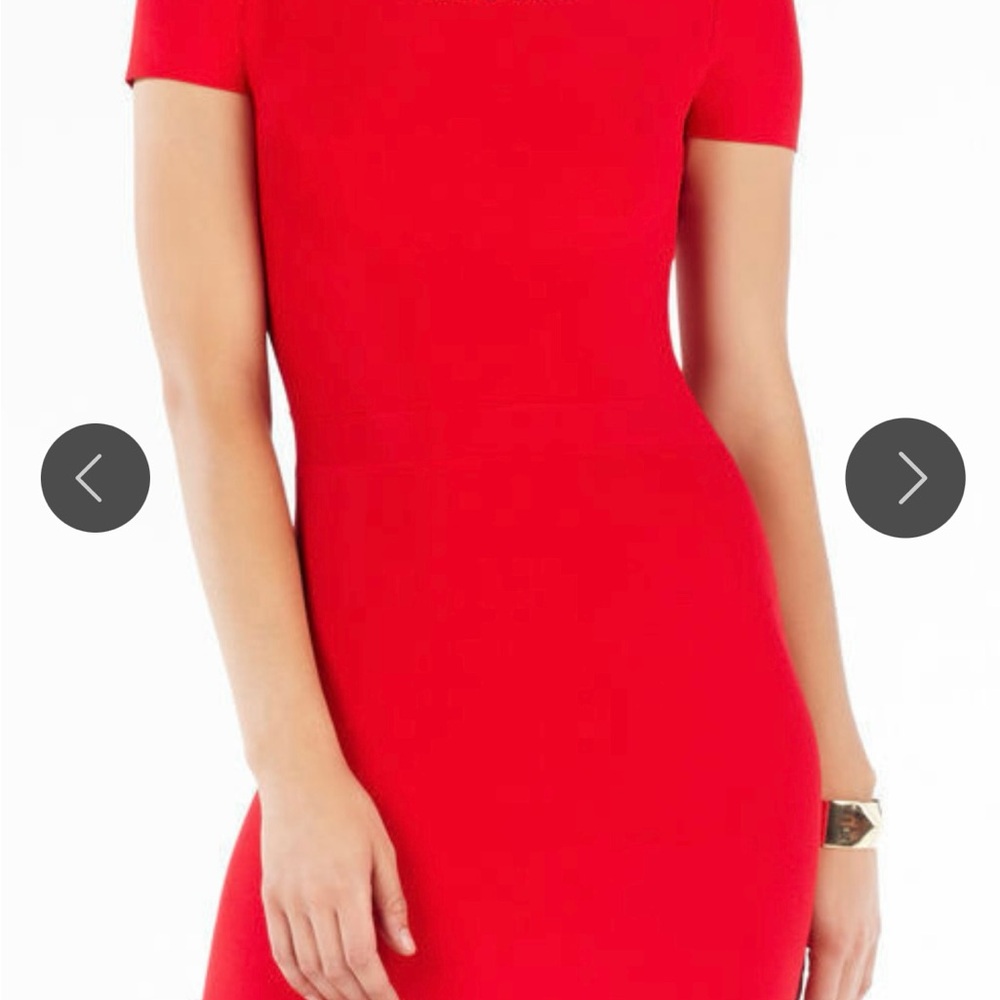 BCBGMaxAzria Red Bodycon Dress with Embellished Crew Neck - Picture 2 of 6